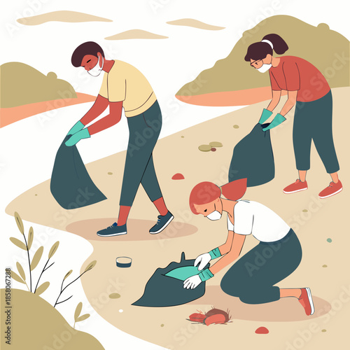 Three Volunteers Cleaning a Beach