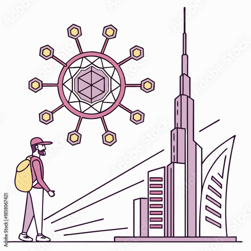 Traveler Exploring Modern City Skyline with Geometric Network Design