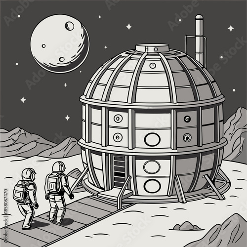 Two Astronauts Approach a Lunar Dome Habitat at Night