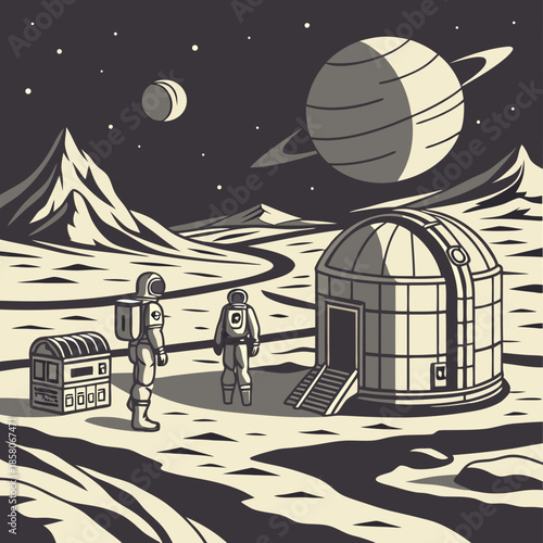 Two Astronauts Exploring a Lunar Base near Mountains under a Starry Sky