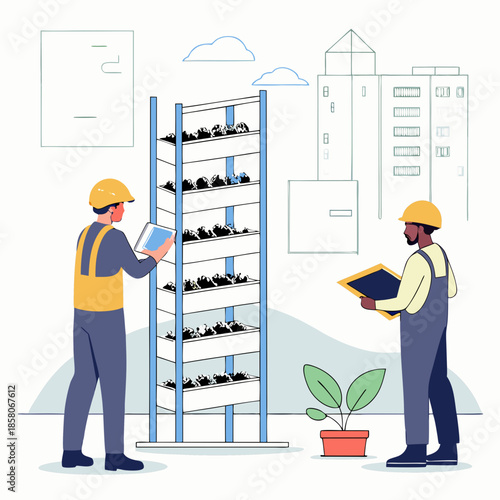 Two Construction Workers Inspecting a Tall Multilevel Structure