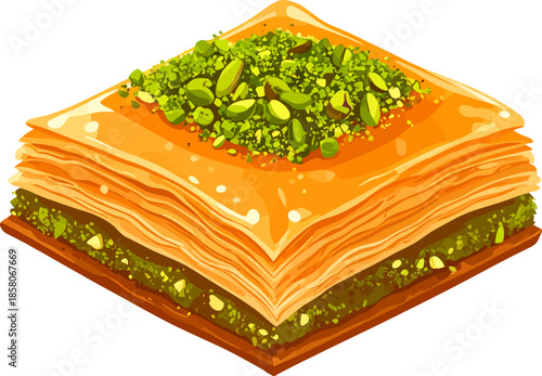 Detailed Vector Illustration of Pistachio Baklava Slice - Traditional Turkish and Middle Eastern Layered Sweet Pastry Isolated on White