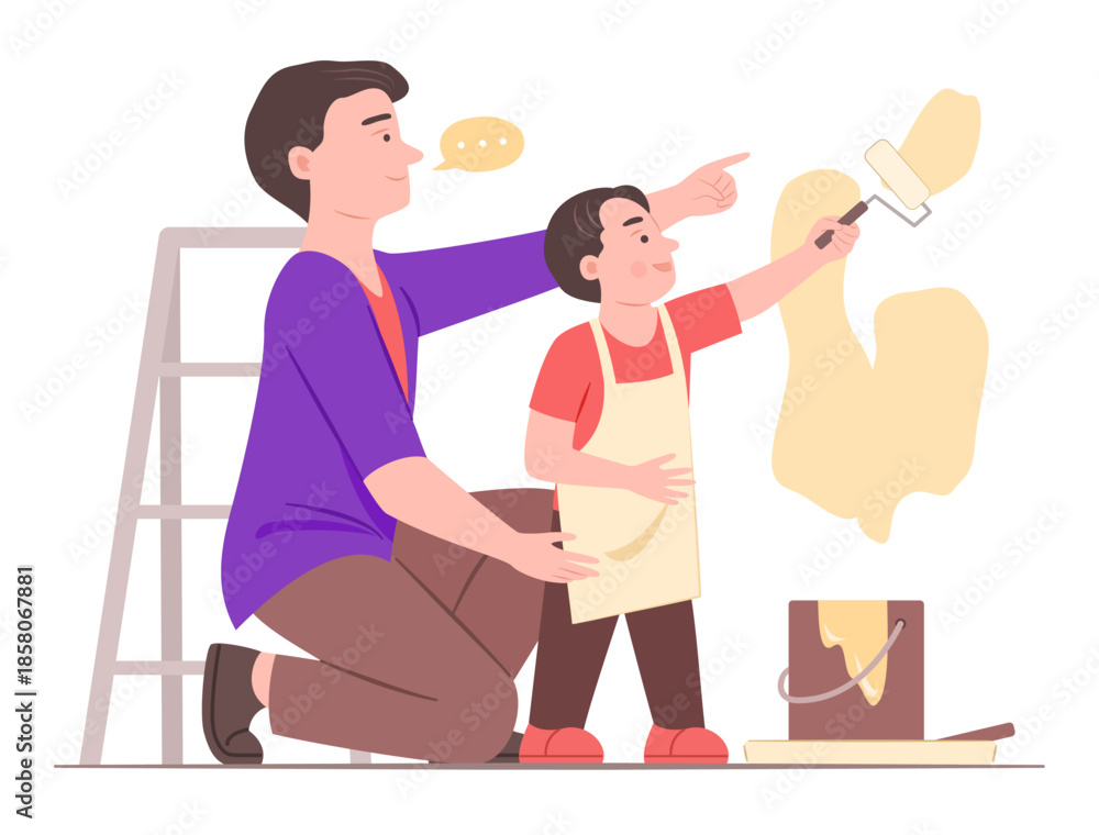 Fototapeta premium Father Teach His Son to Painting Wall with Paint Roller for Parents with Child and Family Activity Concept Illustration