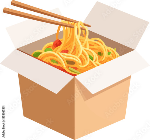 Chinese Takeout Noodles Box with Chopsticks Vector Illustration. Classic Chow Mein or Lo Mein in a Cardboard Container Isolated on White.