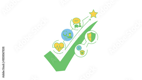 Green Check Mark with Icons Representing Success and Quality.