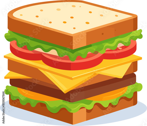 Delicious Layered Club Sandwich Isometric Cartoon Illustration. Fast Food Vector Icon with Bread, Lettuce, Tomato, Cheese, and Meat Patty.