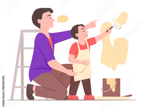 Wallpaper Mural Father Teach His Son to Painting Wall with Paint Roller for Parents with Child and Family Activity Concept Illustration Torontodigital.ca