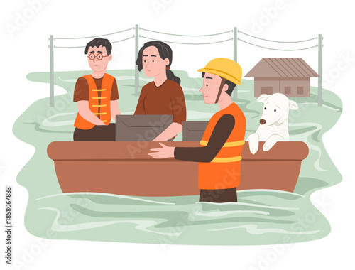 Rescue Worker Volunteer Help People and Pet Evacuate from the Floodwaters for Natural Disaster and Emergency Situation Concept Illustration