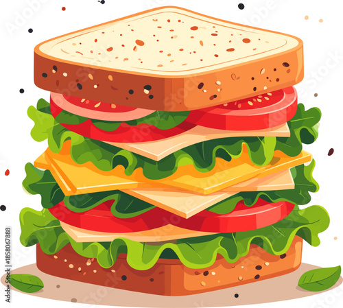 Vibrant Stacked Sandwich Illustration with Cheese, Lettuce, and Tomato. Delicious Deli Lunch or Snack Graphic Design Element.