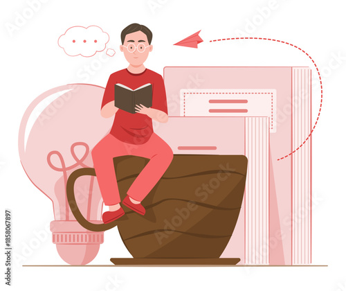 Wallpaper Mural Young Man Reading a Book while Sitting on Big Coffee Cup for Education ad Learning Concept Illustration Torontodigital.ca