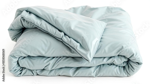 Soft light blue comforter and pillow set neatly folded