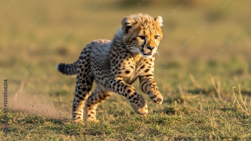 Obraz premium Playful cheetah cub running on grassland in afternoon sunlight
