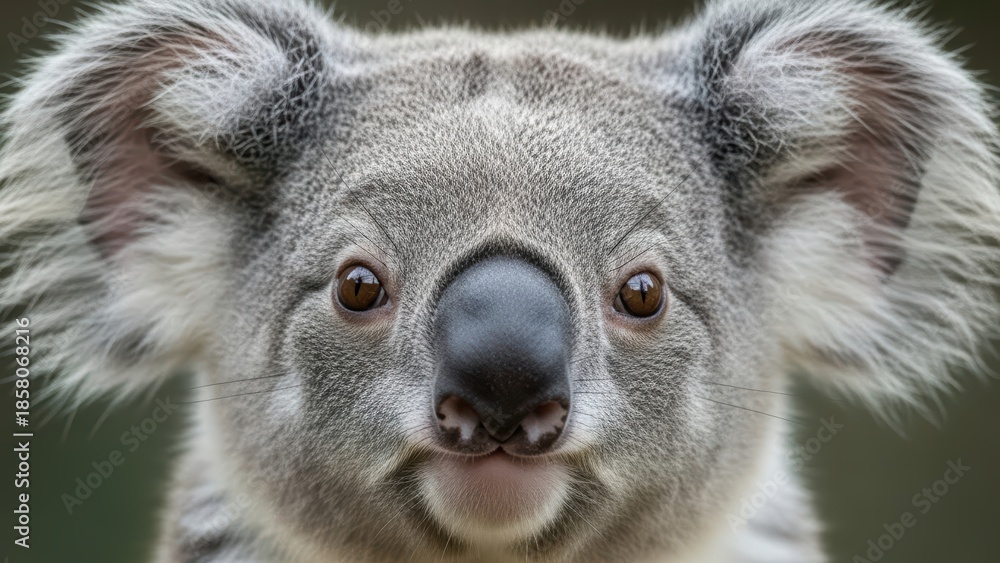 Fototapeta premium Close-up of a koala with furry ears and brown eyes in natural habitat