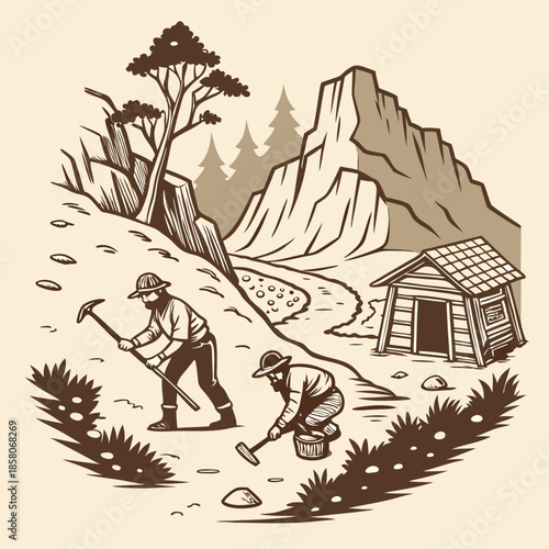 Two Prospectors Mining in Mountainous Landscape