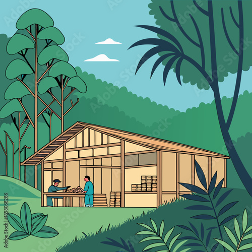 Two People Working in a Wooden House in a Lush Tropical Forest