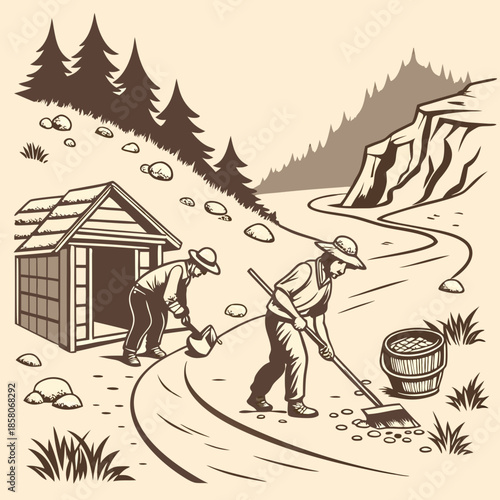 Two Prospectors Panning for Gold in a Mountain River