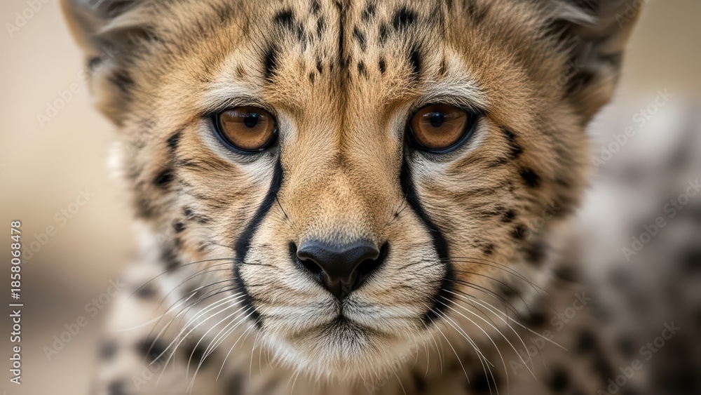 Fototapeta premium Close-up of a cheetah cub's face with focused eyes and distinctive spots