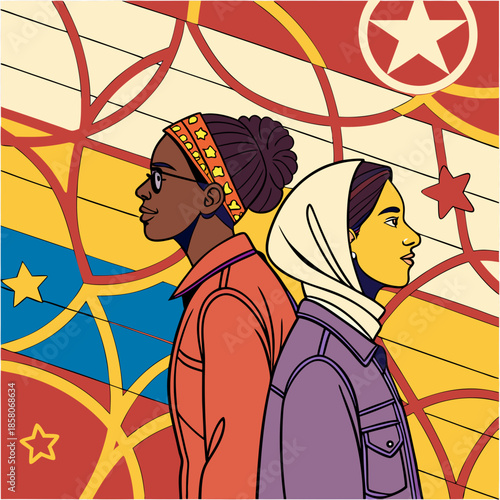 Two Women Standing Together in a Geometric Patterned Illustration