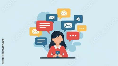 Woman communicating with many messages on her phone.