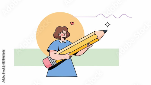 Woman holding a giant yellow pencil with eraser creative concept illustration.