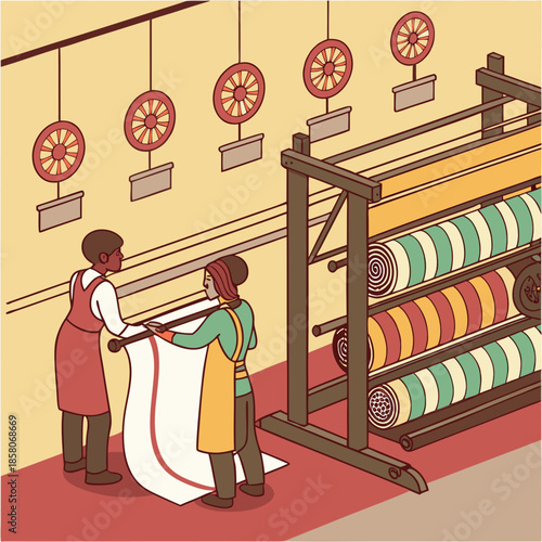 Two Workers Examining Fabric Rolls in a Textile Workshop