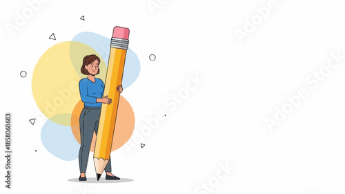 Woman Holding Giant Pencil Ready to Write or Draw.