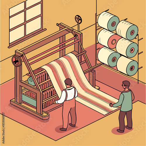 Two Workers Operating Vintage Textile Loom in Workshop