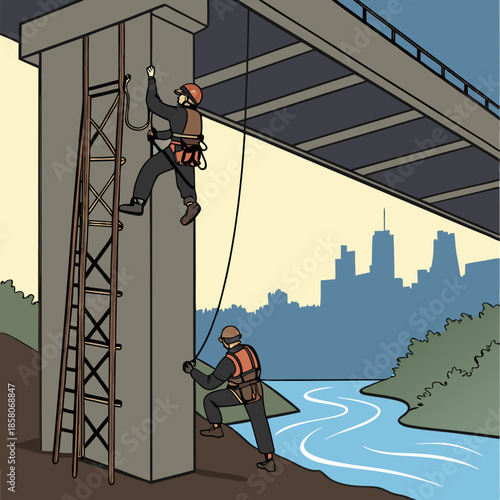 Two Workers Repairing a Bridge Over a River