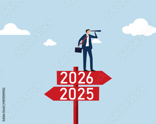 Businessman Looking to the Future 2026 with Telescope. Future Strategy, Career Growth, and Success Path Concept. Ideal for corporate presentations, business consulting, finance, management planning
