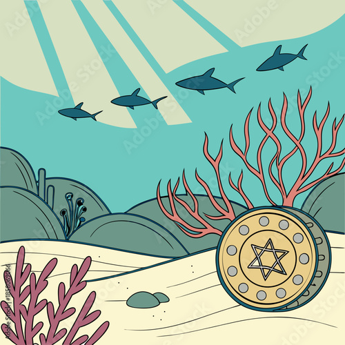 Underwater Scene with Sharks and Coral Reef near Sunlit Sandy Ocean Floor