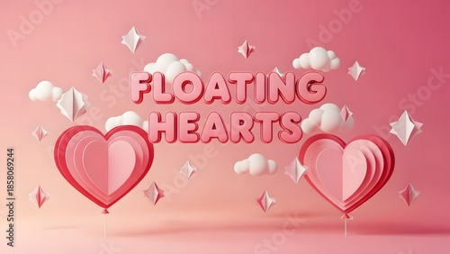 3D paper cut style Valentine background with pink floating hearts and clouds