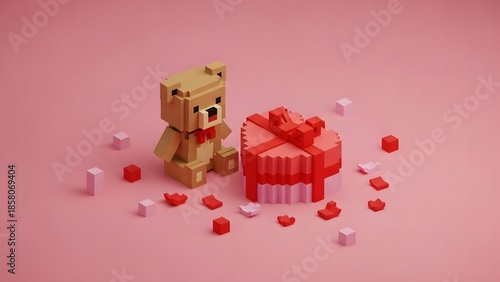 Teddy bear sitting next to heart gift box in pink voxel art