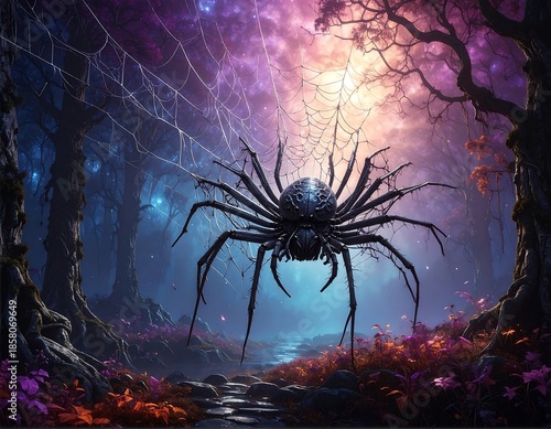 Giant spider with web in enchanting, luminous forest