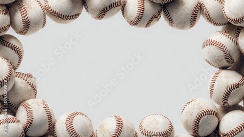 Close-up of numerous baseballs arranged in a frame, on a neutral background, offering a creative border or template