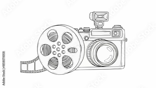Vintage Camera with Film Reel and Flash Illustration.
