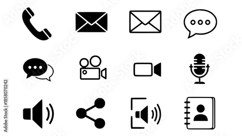 Essential Black and White Vector Icons for Digital Communication, Multimedia, and Contact Functions, Ideal for Modern Web and App Interfaces