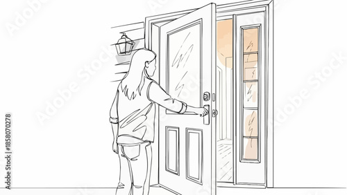 Woman opening front door to a house with light coming through.
