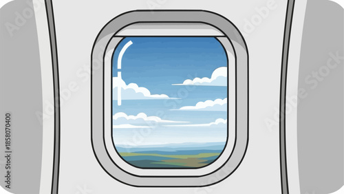 View from airplane window showing clouds and landscape below.