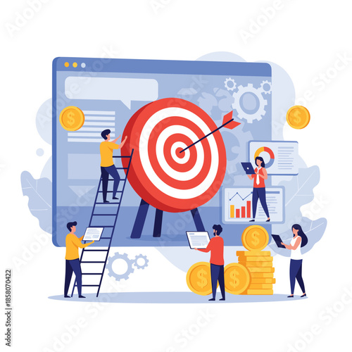 Professional business team works together to reach a target goal by analyzing data charts on a large digital monitor.