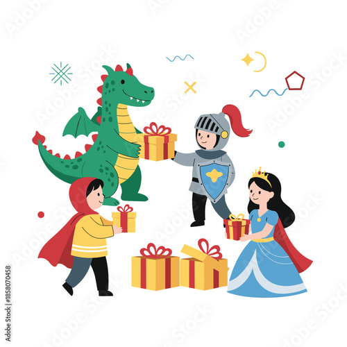 Group of happy children wearing creative fantasy costumes including a dragon and a knight share holiday gifts together.