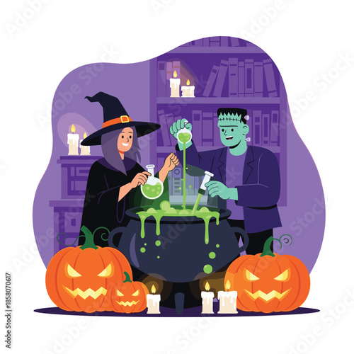 Classic witch and Frankenstein monster work together to brew a bubbling green potion in a cauldron for Halloween night.