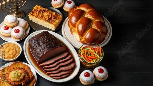 Selection of traditional hanukkah food for festive, Julienned Vegetables, copy space,dark background top view 