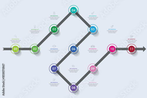 Timeline infographic template, Business concept with 11 options, Vector illustration.