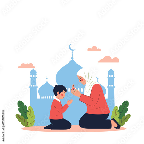 Devout Muslim mother and her young son pray together with humility in front of a blue mosque under a crescent moon.