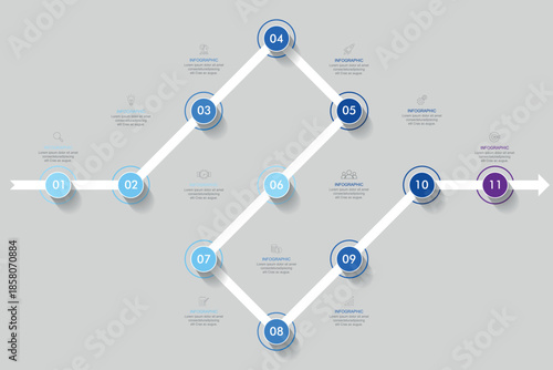 Timeline infographic template, Business concept with 11 options, Vector illustration.