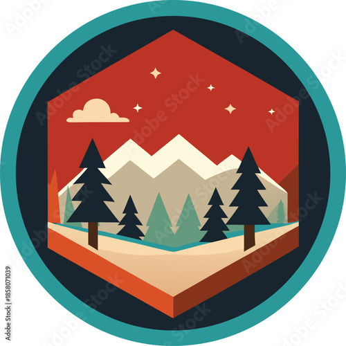 A stylized circular emblem depicting a mountainous landscape with trees and clouds