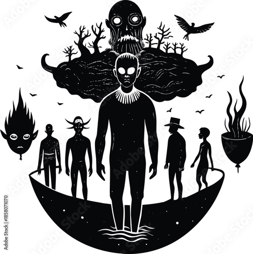 Surreal black and white illustration depicting figures birds and landscape elements