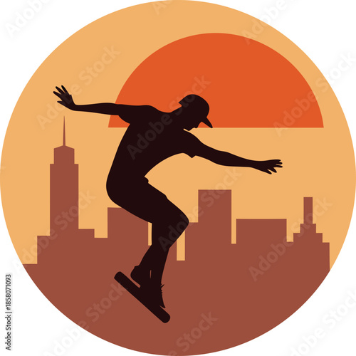 Skateboarder silhouetted against a sunset backdrop with a city skyline below