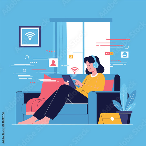Woman wearing headphones relaxes on a sofa while using a digital tablet to browse social media in a blue living room.