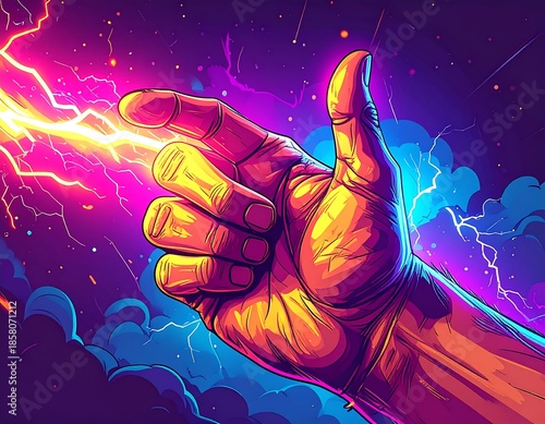 Glowing hand reaching, with electric energy sparking in a night sky
